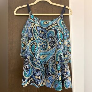 Kim Rogers Blue Paisley Power Ruffle Mesh Tankini Swim Top Size Medium